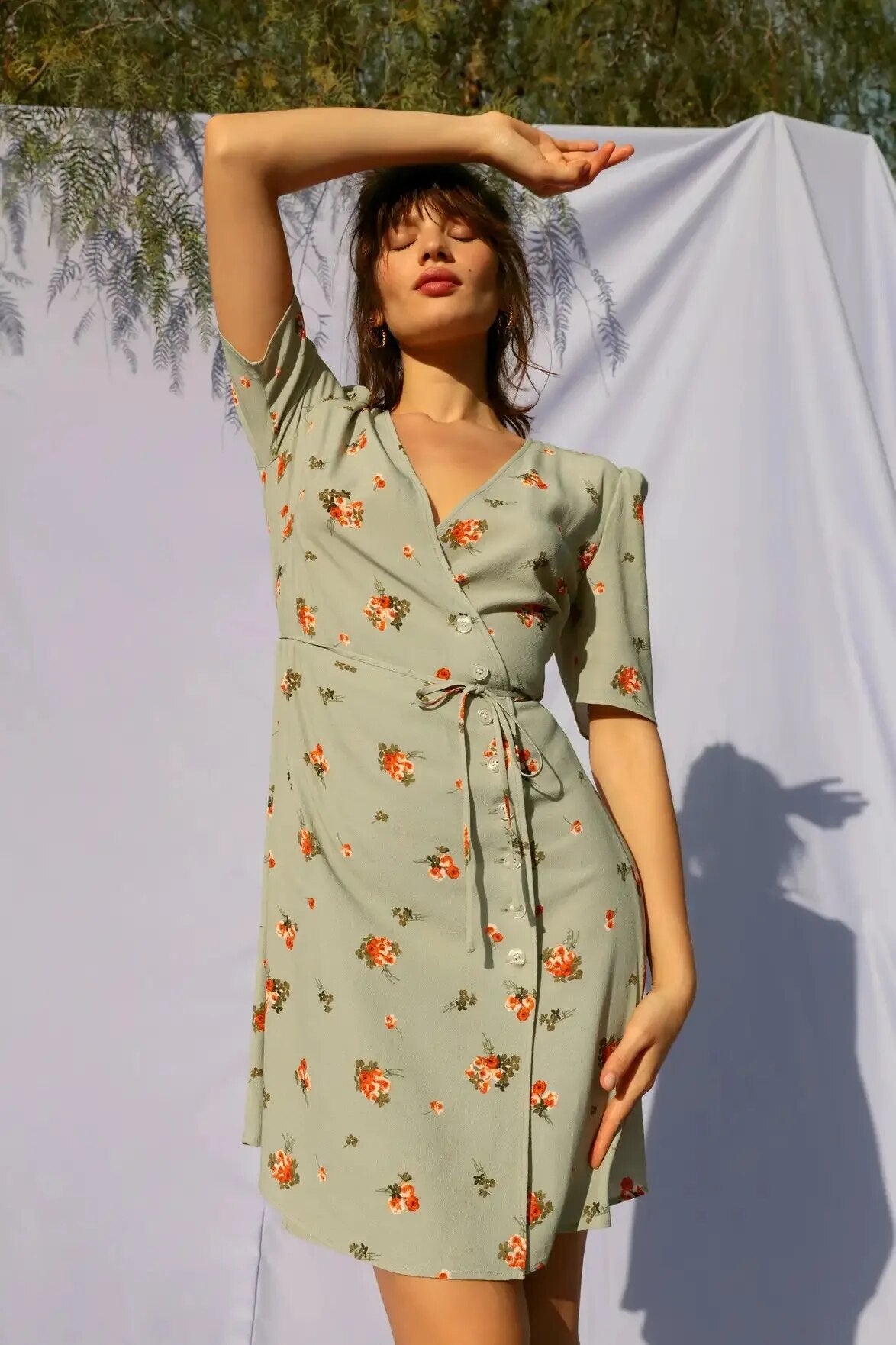 Sustainable Floral Short Sleeved Viscose Wrap Dress in Grey