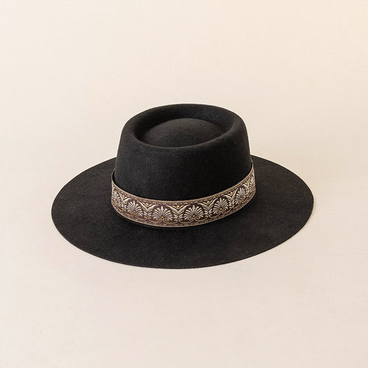 Bolero Wool Hat with Vintage Embroidery Rim