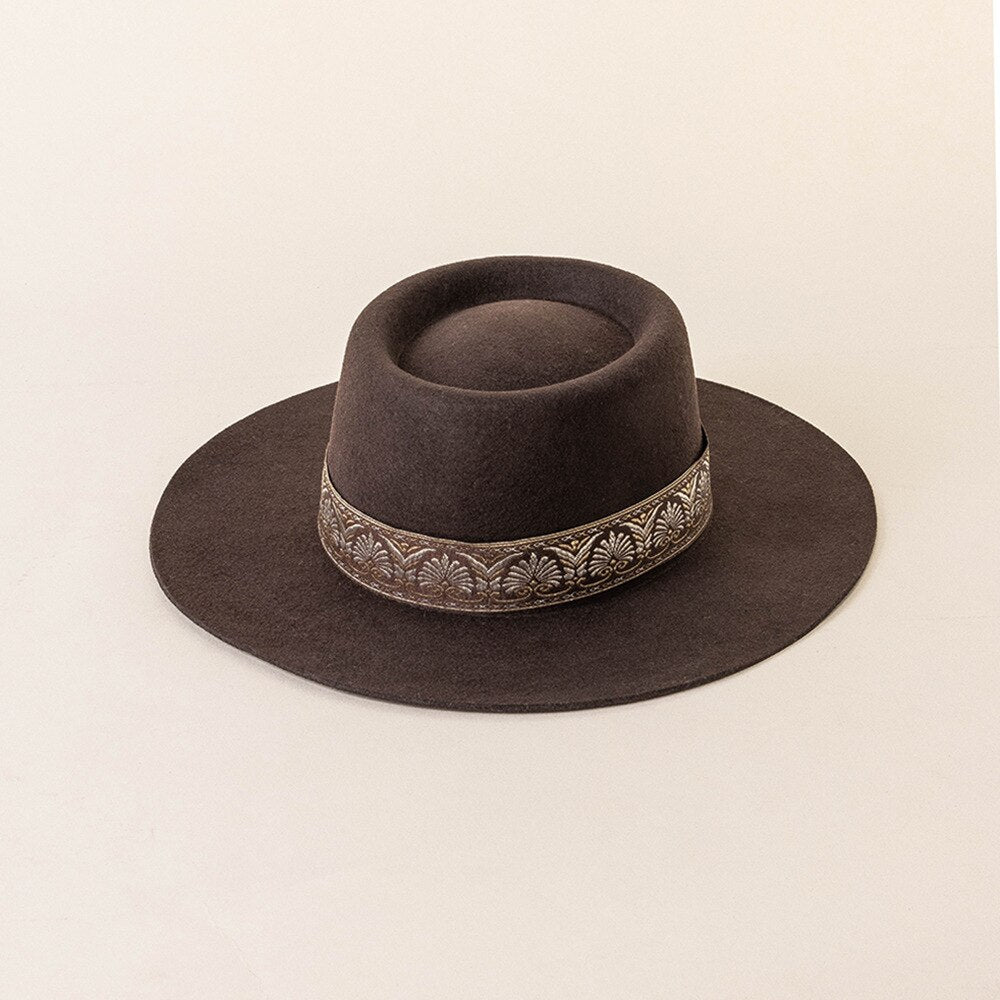 Bolero Wool Hat with Vintage Embroidery Rim