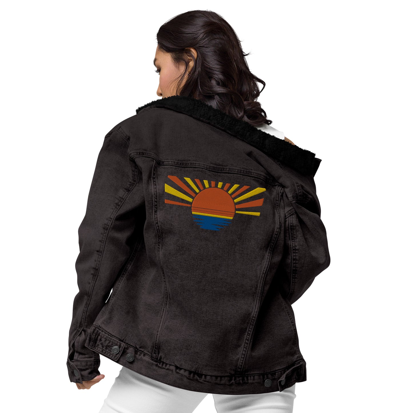 Embroidered Sunset Unisex denim sherpa jacket