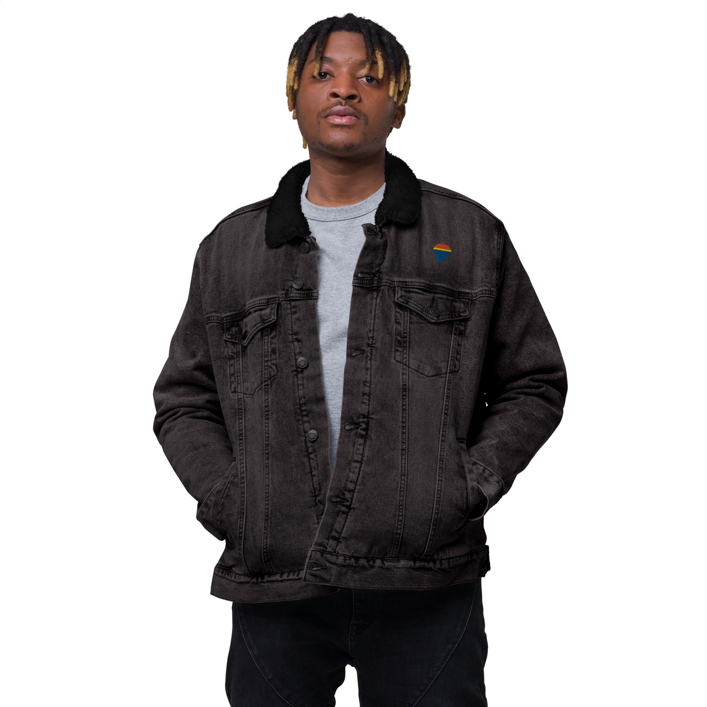 Embroidered Sunset Unisex denim sherpa jacket